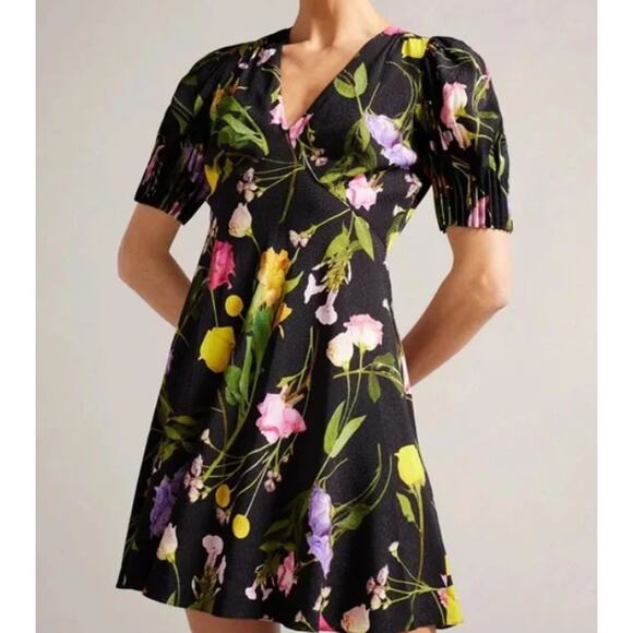 Ted Baker Opallie Floral Black Puff Sleeve Mini Dress Size 1 - Picture 1 of 10